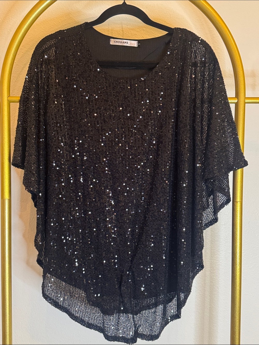 Origami Black Sequin Short Sleeve Draped Top
